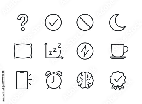 Sleep Myths Line Icons. Sleep myths vs facts. Line icon set of sleep myths vs facts: question mark, checkmark, crossed-out symbol, moon, pillow, sleep cycle