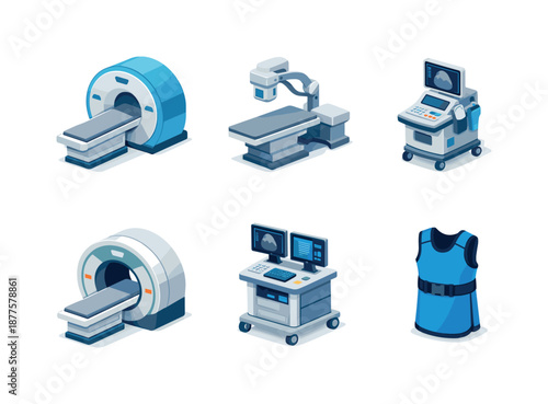 Medical Equipment Icons. Medical care objects. Isometric flat vector icons set of medical care objects: MRI scanner, X-ray machine, ultrasound device, CT