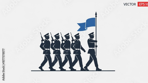 Soldiers Marching with Blue Flag in Formation Vector Illustration
