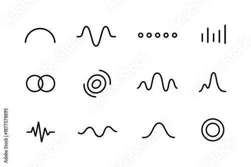 Sound Wave Icons. Abstract shapes and colors representing sound. Line icon set of abstract shapes and colors representing sound: vibrational arc, oscillation