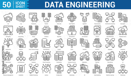 Data Engineering outline style icon set concept log, framework, pipeline, data lake, data pipeline, ingestion, preprocessing, and more. Illustration Eps 10