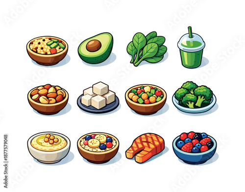 Healthy Food Icons. healthy food. Colorful isometric vector icons set of healthy food: quinoa bowl, avocado half, spinach leaves, smoothie cup, nuts mix bowl,
