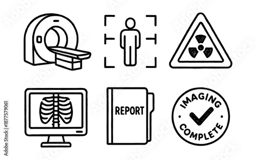 Hand-drawn medical imaging icons: ct scanner, x-ray, radiation, report, imaging complete