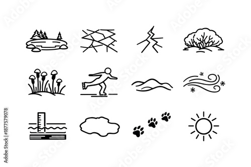 Frozen Ponds Icons. Frozen ponds & lakes. Line icon set of frozen ponds & lakes: frozen lake, ice texture, ice crack, shoreline bush, reeds under snow, skater