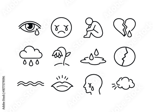 Sadness Icon Set. Sadness. Line icon set of Sadness: crying eye, drooping face, slumped posture, heavy heart, rain cloud, wilted flower, tear pool, cracked