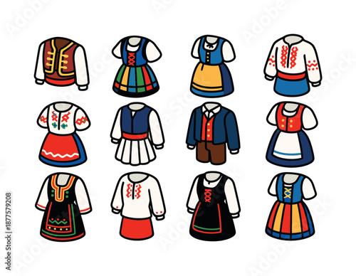 Colorful Folk Costume Icons. Folk costumes. Colorful isometric vector icons set of folk costumes: Balkan vest set, Polish folk dress, Swedish national costume,
