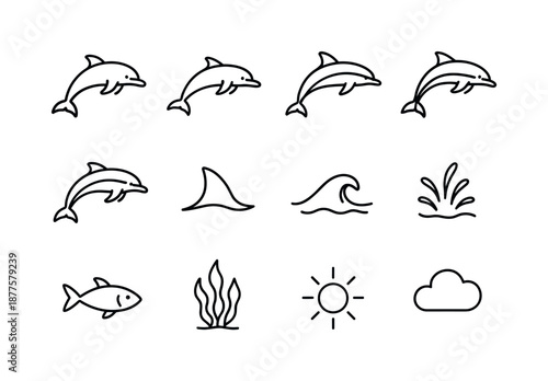 Dolphin Line Art Grid. Dolphin species. Line icon set of Dolphin species: bottlenose dolphin, spinner dolphin, common dolphin, striped dolphin, dusky dolphin,