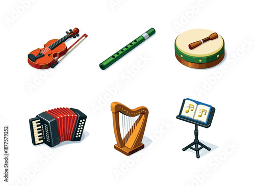 Irish Music Instruments. Irish Music. Isometric flat vector icons set of irish music: fiddle violin, tin whistle, bodhran drum, accordion, harp instrument,