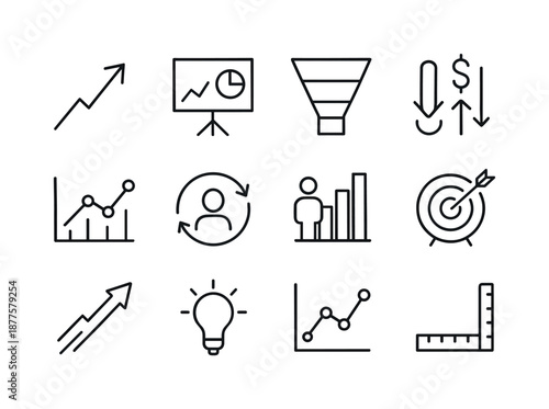 Tech Growth Icons. Tech startups. Line icon set of growth metrics: growth arrow, KPI board, funnel chart, conversion rate icon, engagement graph, retention