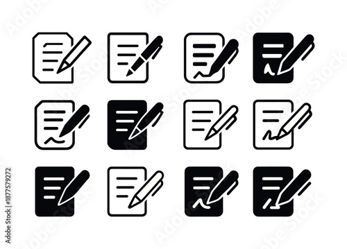 Loan Agreement Icons. Loan agreement. Icon set. Set Logo of loan agreement: pen signing form. harmonious logo variations of the same emblematic concept, each
