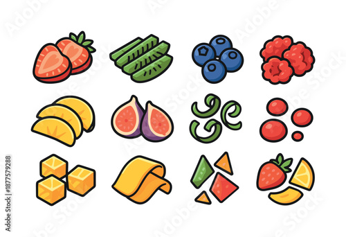 Colorful Fruit Icons. Fruit topping accents. Colorful isometric vector icons set of fruit topping accents: sliced strawberries, kiwi strips,