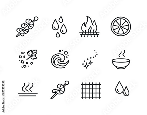 Shrimp Skewers Icons. Shrimp skewers. Line icon set of shrimp skewers: shrimp twist icon, marinade droplets, grill flare, citrus ring, chopped herb sprig,