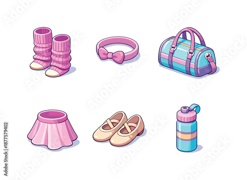 Dance Accessory Icons. Dance Accessories. Isometric flat vector icons set of Ballet and Modern Dance Sections: leg warmers, headband, dance bag, practice