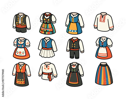 Colorful Folk Costume Icons. Folk costumes. Colorful isometric vector icons set of folk costumes: Balkan vest set, Polish folk dress, Swedish national costume,