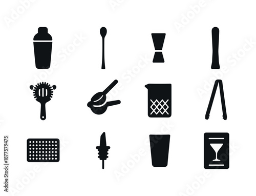 Mixology Tools Icons. Mixology tools. Solid icon set of mixology tools: cocktail shaker, bar spoon, jigger, muddler, strainer, citrus press, stirring glass,