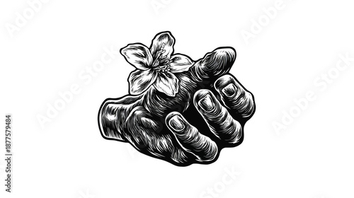 Intricate black and white illustration of a hand gently holding a delicate flower with detailed linework