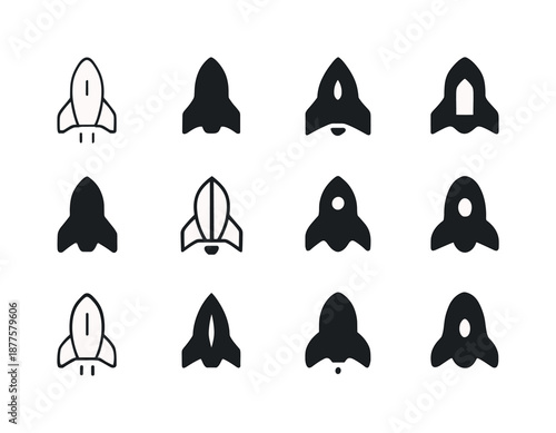 Intergalactic Logo Variations. Intergalactic travel. Icon set. Set Logo of Intergalactic travel: starship silhouette. harmonious logo variations of the same