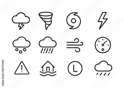 Severe Weather Icons. Severe weather icons. Line icon set of severe weather icons: storm cloud, tornado swirl, hurricane eye, lightning bolt, hail, heavy rain,