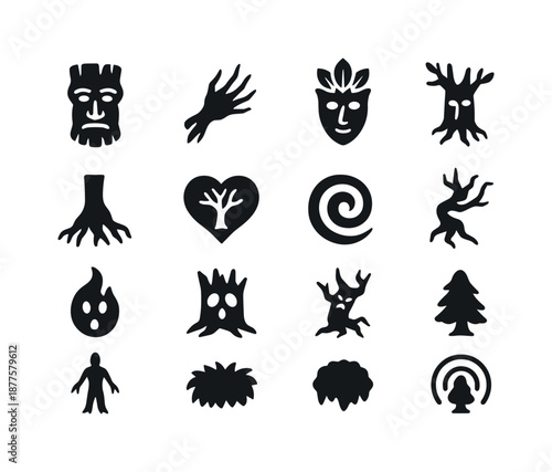 Tree Spirit Icons. Tree spirits. Solid icon set of Tree spirits: bark face, branch hand, leaf crown, root foot, tree heart symbol, wood swirl, spirit flame,