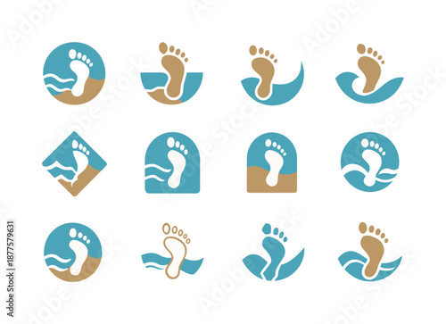 Pristine Beach Logos. Pristine beach. Icon set. Set Logo of pristine beach: shoreline footprint. harmonious logo variations of the same emblematic concept,