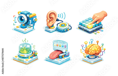 Colorful Perception Icons. Human perception. Isometric flat vector icons set of human perception: eye focus device, ear acoustic sensor, touch sensitivity
