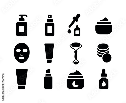 Skincare Icon Set. Skincare essentials. Solid icon set of skincare essentials: cleanser bottle, toner spray, serum dropper, moisturizer jar, face mask, eye