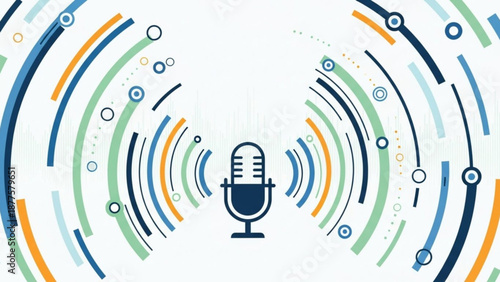 Microphone with Sound Waves Radiating in Blue, Green, Orange on White