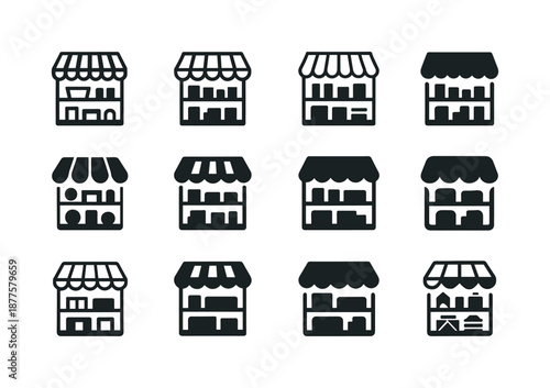 Harmonious Store Icons. Store. Icon set. Set Logo of store: shelves with products. harmonious logo variations of the same emblematic concept, each with