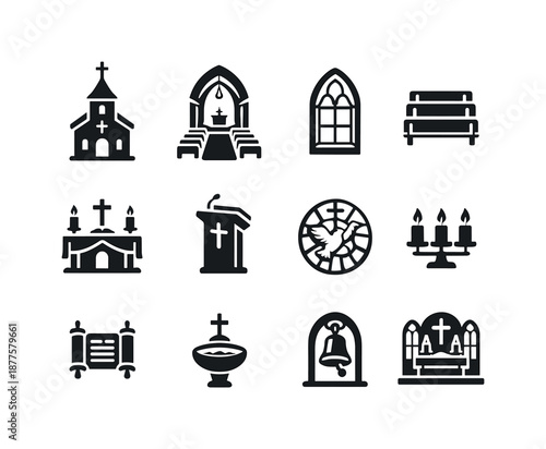 Church Baptism Icons. Baptism in church setting. Solid icon set of baptism in church setting: steeple, nave interior, window arch, pew row, altar table,