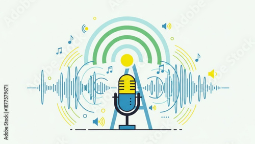 Microphone with Sound Waves and Music Notes Illustration