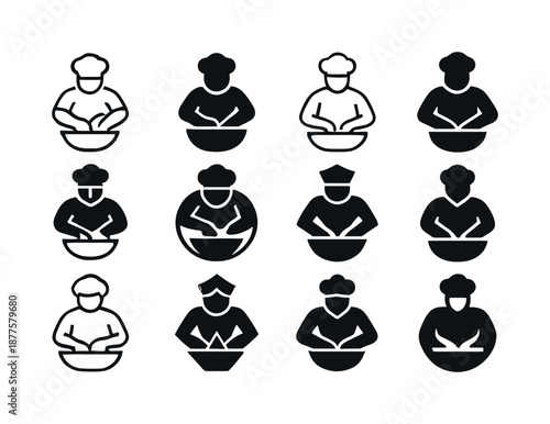 Baker Icon Variations. A baker kneading dough by hand on a flour-covered surface. Icon set. Set Logo of a baker kneading dough by hand on a flour-covered
