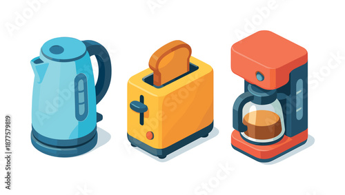 Colorful Kitchen Icons. Kitchen appliances. Isometric flat vector icons set of kitchen appliances: electric kettle, toaster, coffee maker. Three detailed