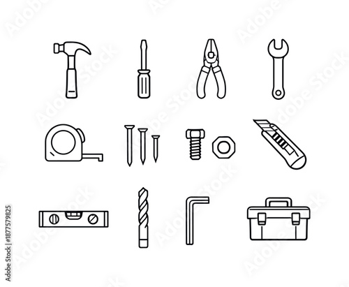 Toolbox Icon Set. Toolbox essentials. Line icon set of toolbox essentials: hammer, screwdriver, pliers, wrench, tape measure, nails, bolts, utility knife,