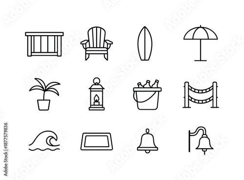 Beach Deck Icons. Beach House Deck. Line icon set of Beach House Deck: deck railing, Adirondack chair, side table, surfboard icon, beach umbrella, potted palm,