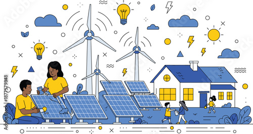 Renewable energy scene, solar panels, wind turbines, eco-friendly home, family outdoors, flat vector illustration, sustainable lifestyle design
