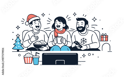Laughter-Filled Movie Night. Holiday movie night laughter. Viewers reacting together with smiles and laughter, light motion lines showing emotion. Shared joy