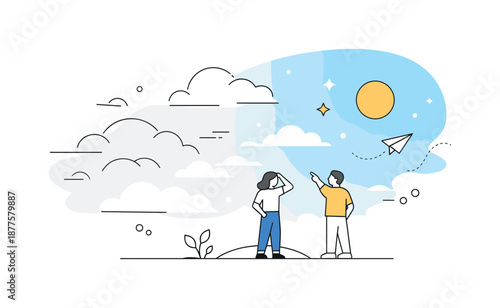 Sky Transition Art. Grey to blue sky transition illustration. Clouds gradually thinning as blue sky appears, expressing clarity and optimism. Clean, airy