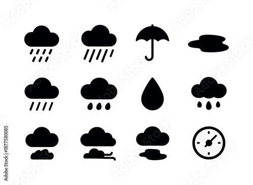 Heavy Rain Icons. Heavy rain clouds. Solid icon set of Heavy rain clouds: thick cloud, rain streaks, umbrella symbol, puddle icon, drizzle lines, heavy cloud