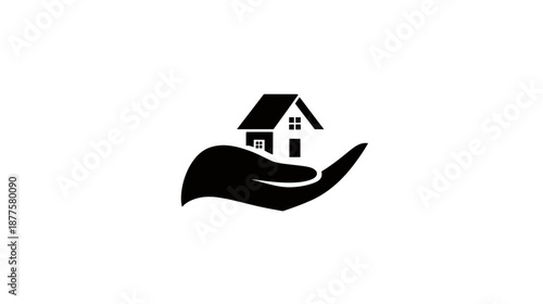 A simple icon depicting a house held in a hand, rendered in black on a white backdrop