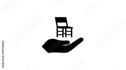 Black silhouette of a hand holding a chair. The background is pure white