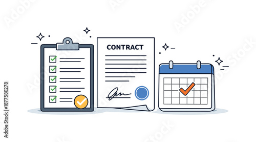 Finalized Business Agreement. Closing business agreement. A final checklist completed next to a signed contract and calendar icon. Sense of completion,
