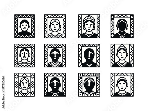 Cultural Portrait Icon Set. Travel photography and cultural portraits. Icon set. Set Logo of travel photography and cultural portraits: portrait frame with