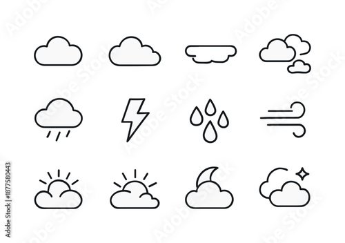 Sky Mood Icons. Sky moods. Line icon set of sky moods: calm cloud, fluffy cloud, overcast layer, broken cloud, storm formation, lightning icon, raindrop
