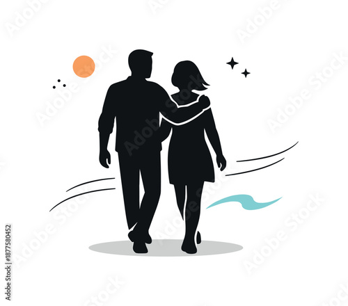 Connected Silhouettes. Couple silhouettes illustration. Two abstract human silhouettes walking side by side, slight motion lines suggesting connection and
