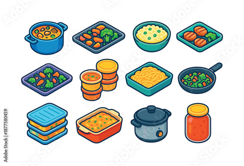 Batch Cooking Icons. Batch cooking. Colorful isometric vector icons set of batch cooking: large pot stew, sheet pan roast, big rice batch, grilled protein