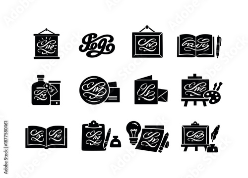 Calligraphy Icon Set. Calligraphy Projects. Solid icon set of Calligraphy Projects: lettering poster, custom logo lettering, wall art calligraphy, journal