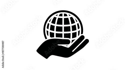 A black and white icon depicting a hand cradling a globe, representing global care