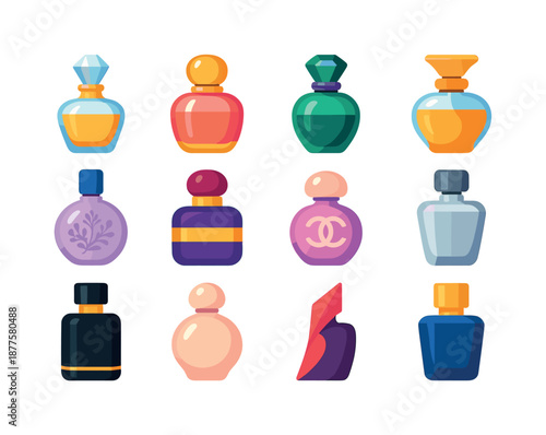 Luxury Perfume Icons. Luxury Perfume Bottles. Colorful flat vector icons set of Luxury Perfume Bottles: crystal stopper bottle, gold-trimmed bottle, gemstone