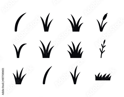 Black Grass Icon Set. Wild grass shapes. Solid icon set of Wild grass shapes: tall curve blade, split blade, triple tuft, windy stem, reed tip, curved arc