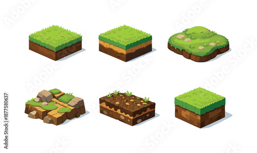 Isometric Nature Grid. Nature ground. Isometric flat vector icons set of Nature ground: grass tile block, dirt and grass layer, mossy grass patch, uneven